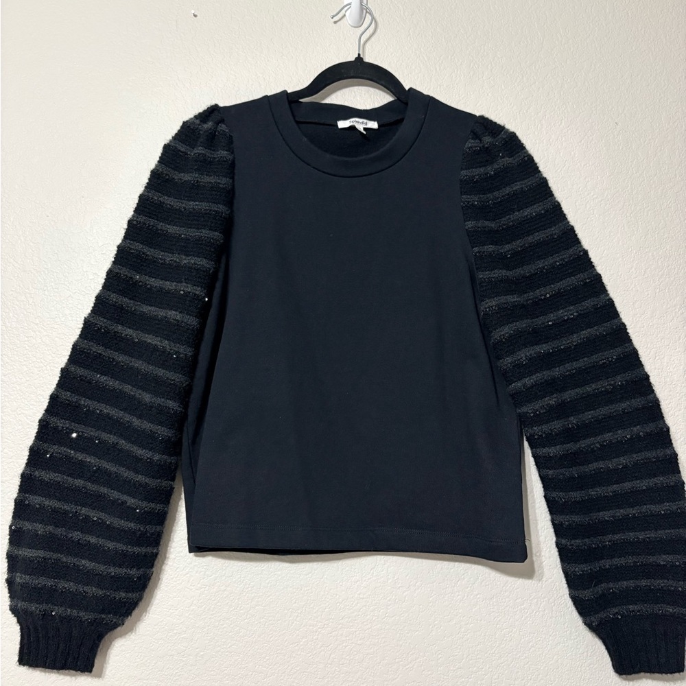 Splendid Tillie Sequin Pullover Black Sweater, Striped Gray‎ Balloon Sleeves. M